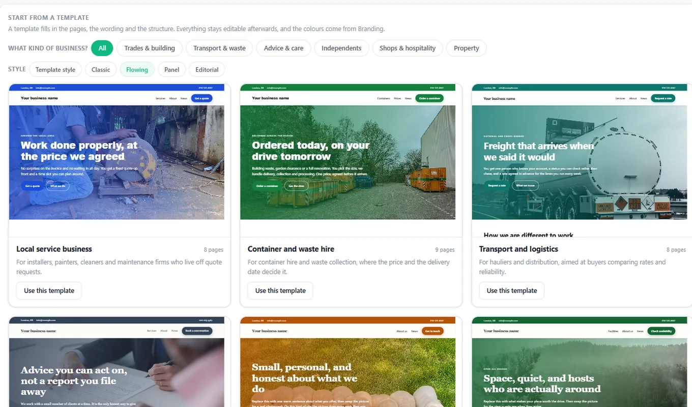 The template picker in BonusFlow: thirteen designs with real photographs, filtered by kind of business and in four styles