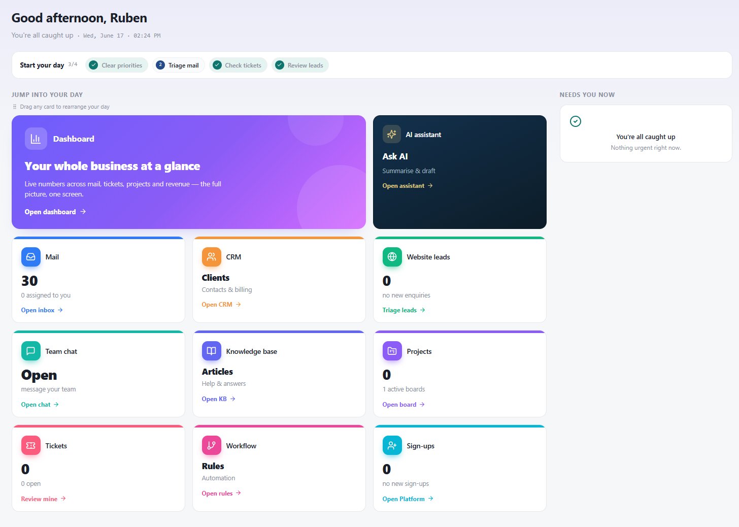 BonusFlow dashboard, mail, CRM, website leads, tickets, projects and more on one screen
